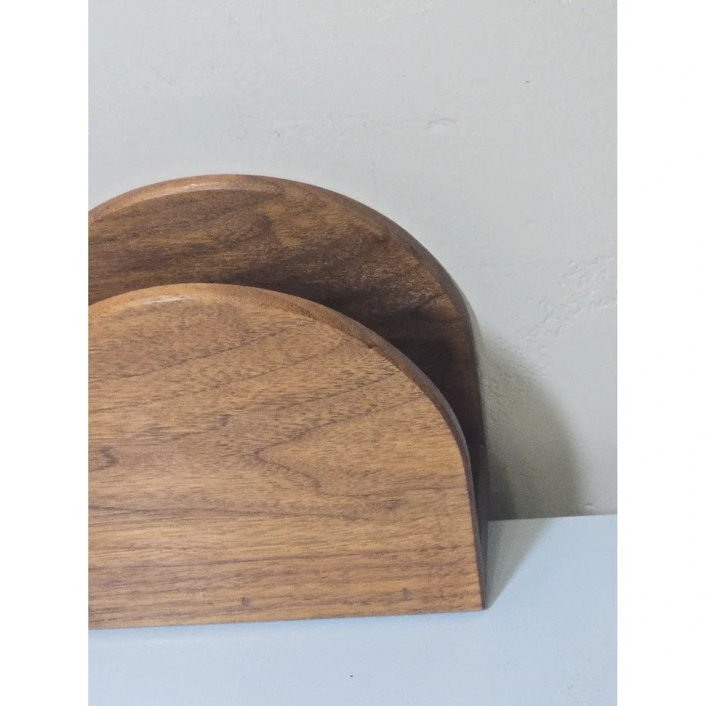 VTG Mid Century Wooden Napkin Holder Arch Teak Acacia Wood Letter Organizer MCM
